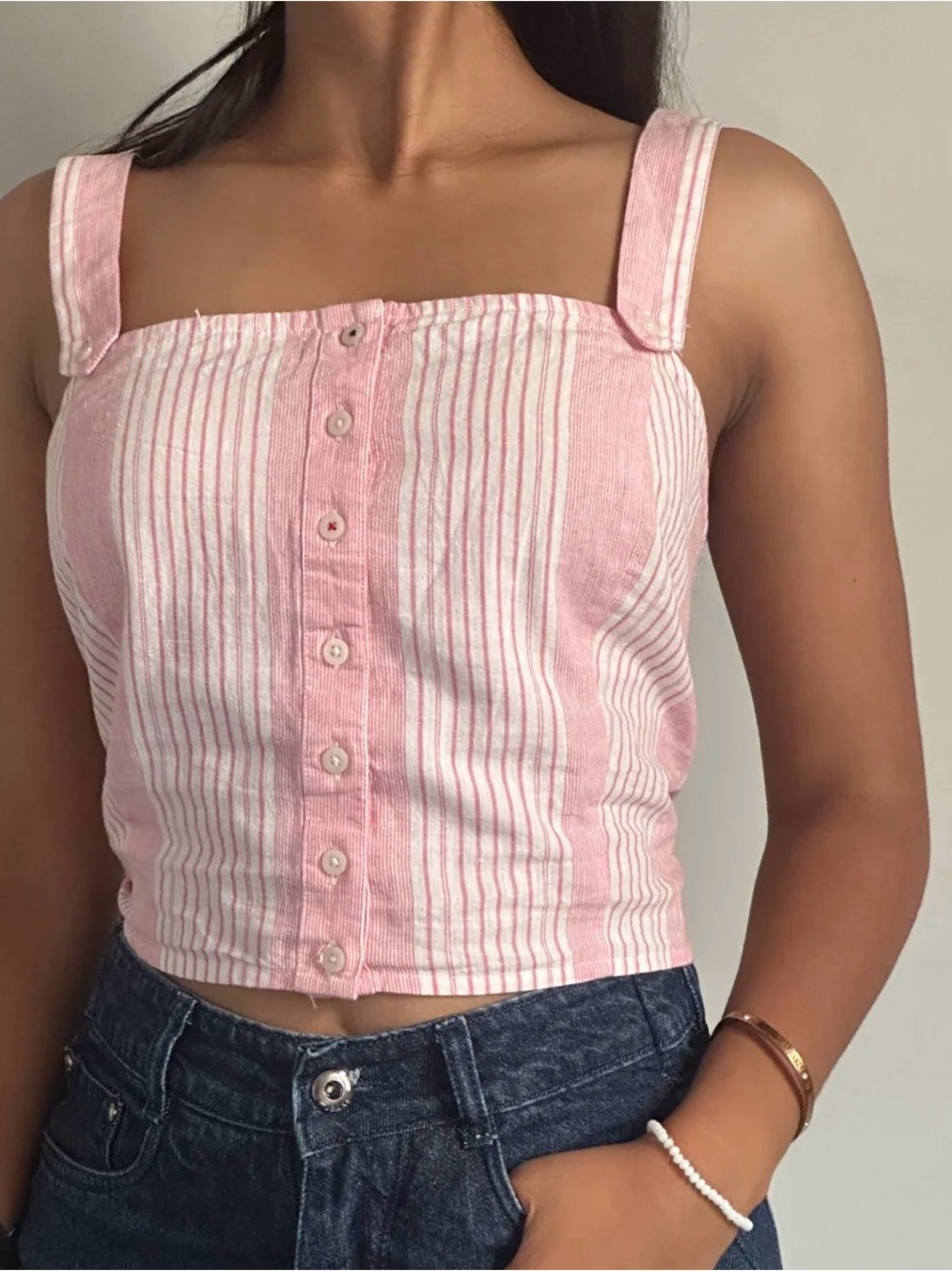 Tommy Hilfiger Pink and White Striped Button-Front Crop Top
